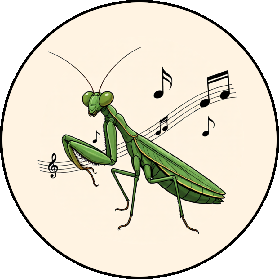 Une mante religieuse entourée de notes de musique