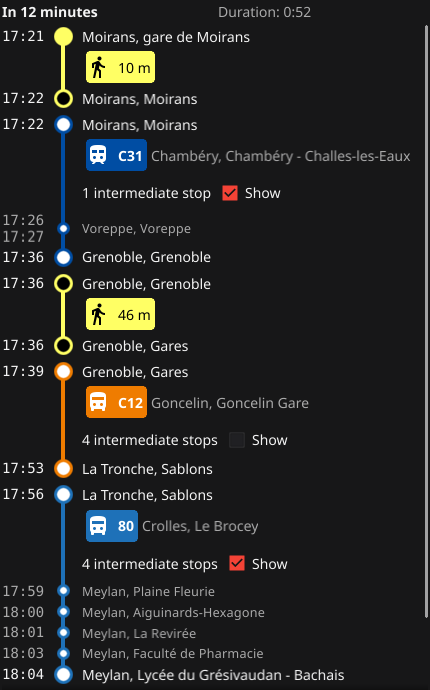 Fenêtre de l’application montrant le détail d’un itinéraire